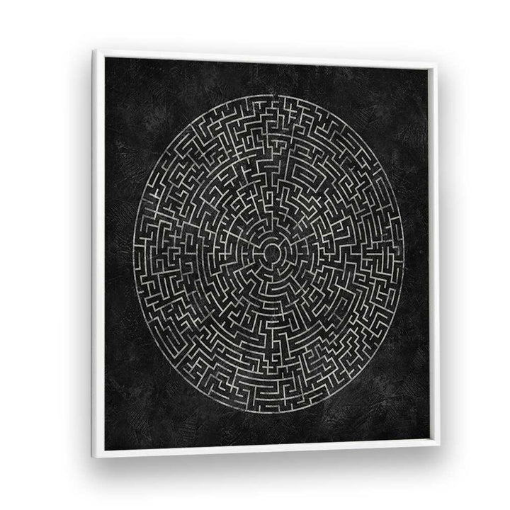 SAND DUNE SYMPHONY II, GEOMETRIC ART PRINTS showcasing a captivating maze design on a textured black background.