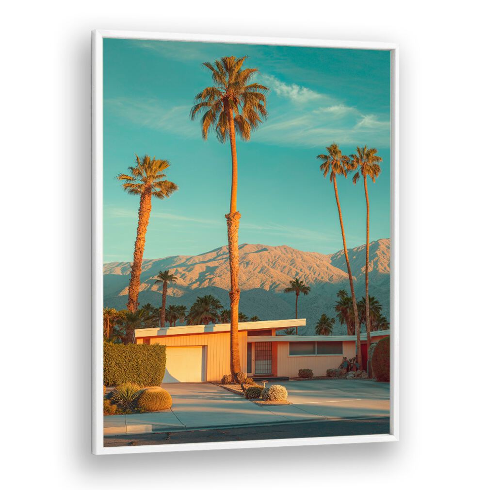 FAMOUS PALM SPRINGS, BEACH PAINTINGS showcase vibrant palm trees against a stunning California desert backdrop.