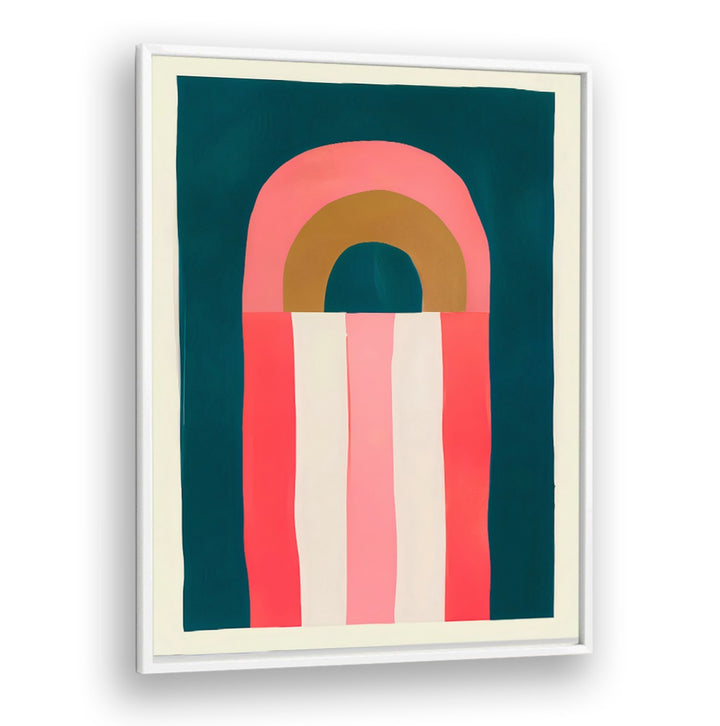 GOLDEN HOUR , GEOMETRIC ART PRINTS featuring bold arches and vertical stripes in warm coral, pink, and teal tones.