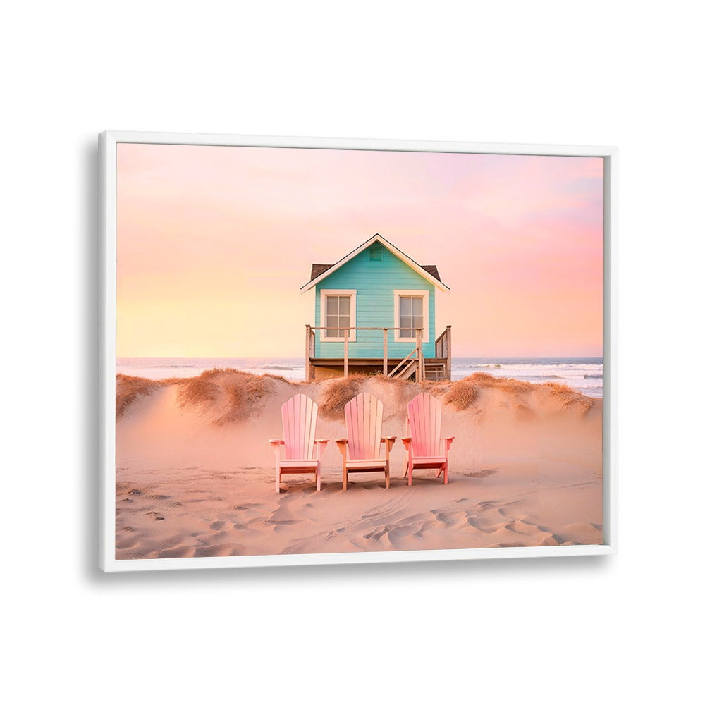 Pastel Beach scene with a colorful house and pink chairs, perfect for beach paintings lovers. Ideal for home decor.