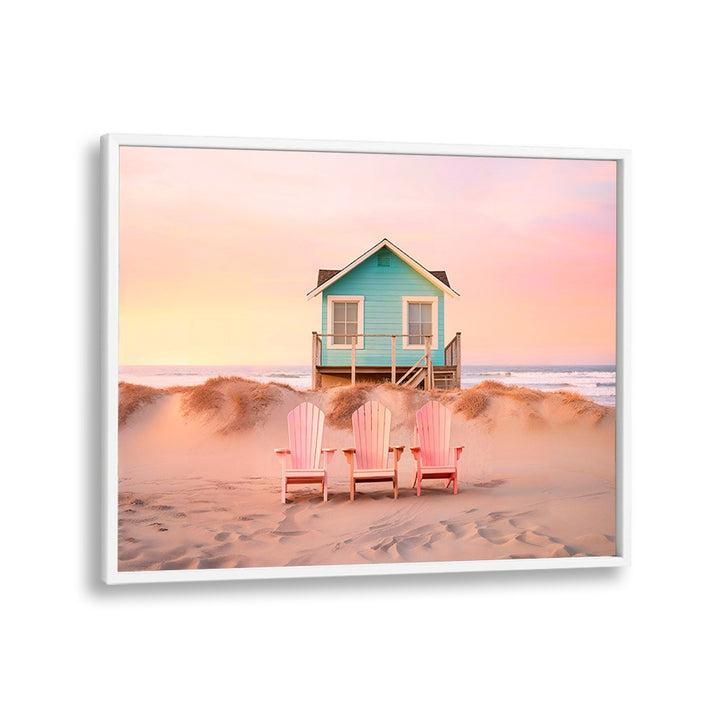 Pastel Beach scene with a colorful house and pink chairs, perfect for beach paintings lovers. Ideal for home decor.