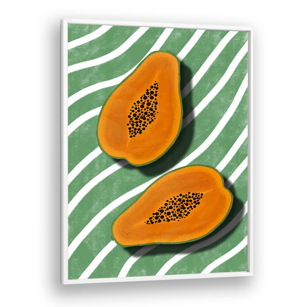 Bright and vibrant PAPAYAS, KITCHEN POSTERS featuring two halved papayas on a green background with white stripes.