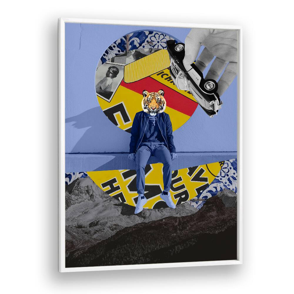 CITIZEN, SURREAL ART PRINTS features a striking collage with a tiger-head figure and vibrant colors for a unique decor statement.