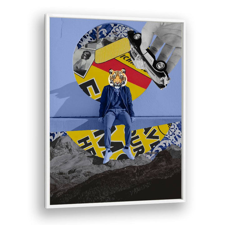 CITIZEN, SURREAL ART PRINTS features a striking collage with a tiger-head figure and vibrant colors for a unique decor statement.