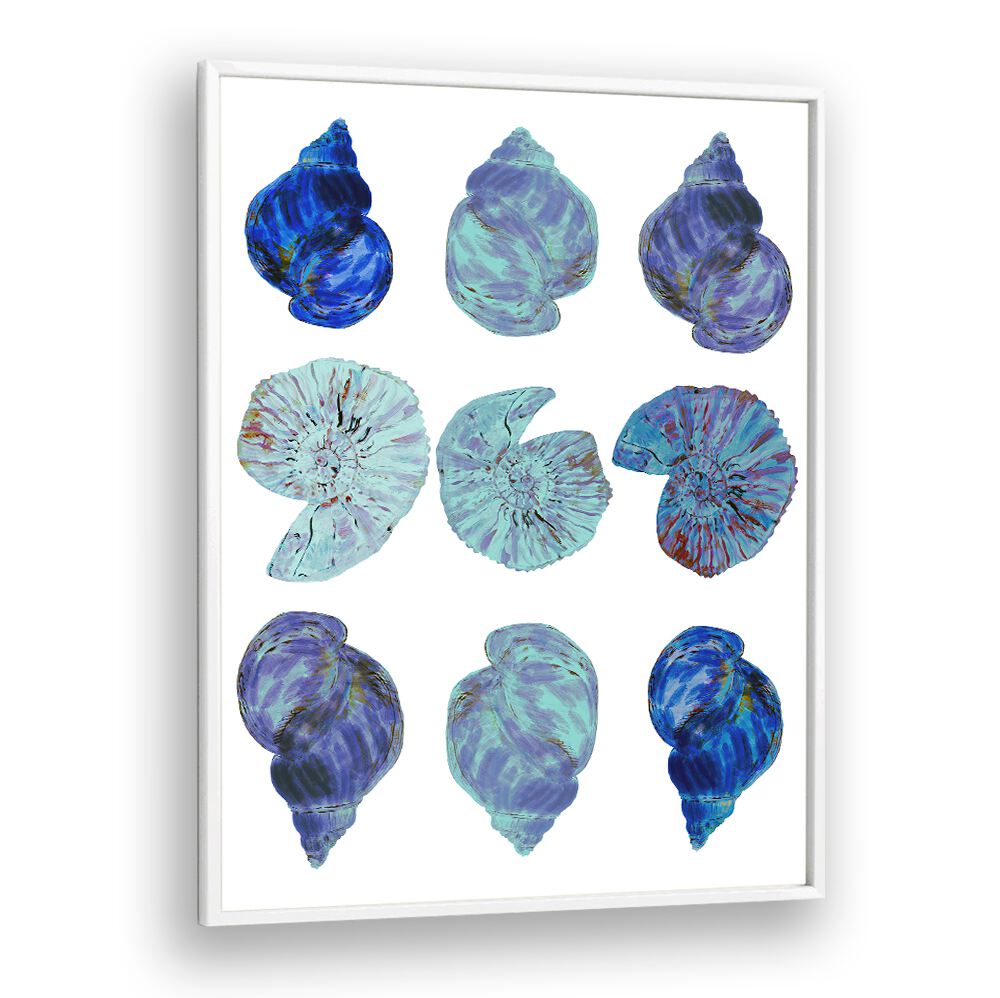Vibrant BLUE SEA SHELLS, BEACH PAINTINGS capturing coastal beauty for your home decor. Perfect for beach lovers!
