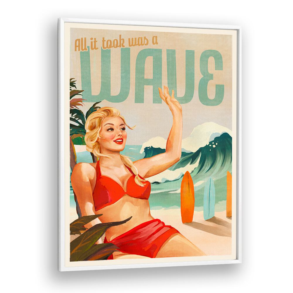 SURFING PINUP GIRL ON BEACH IN BIKINI BY THE WHISKEY GINGER , WOMEN ILLUSTRATION PAINTINGS