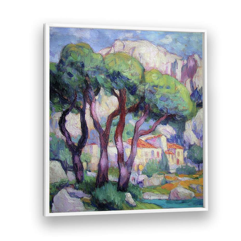 Captivating artwork featuring PINE TREES IN FRONT OF THE HOUSE, adding nature's beauty to your space.