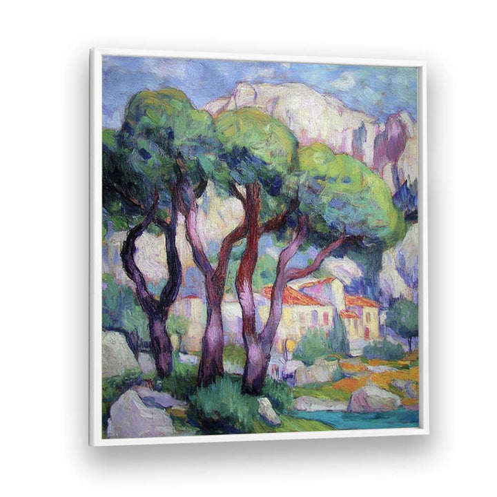 Captivating artwork featuring PINE TREES IN FRONT OF THE HOUSE, adding nature's beauty to your space.