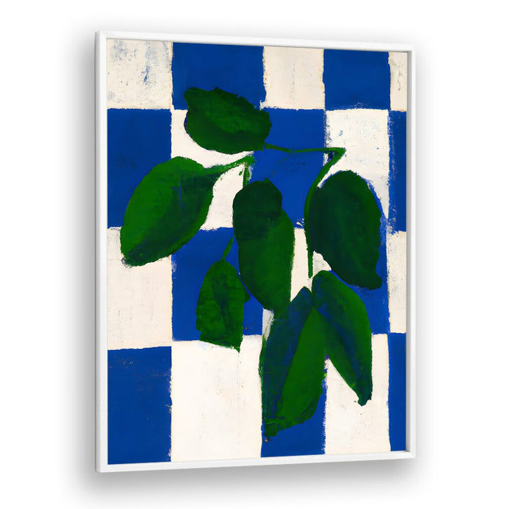 CHECKERED GREENERY , KITCHEN POSTERS featuring bold green leaves on a blue and white checkered background for fresh kitchen decor.