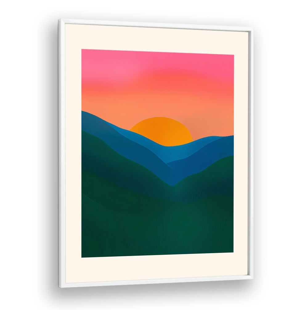 ECHO, LANDSCAPE PAINTINGS featuring a vibrant sunset over layered green and blue hills, adding calm to your space.
