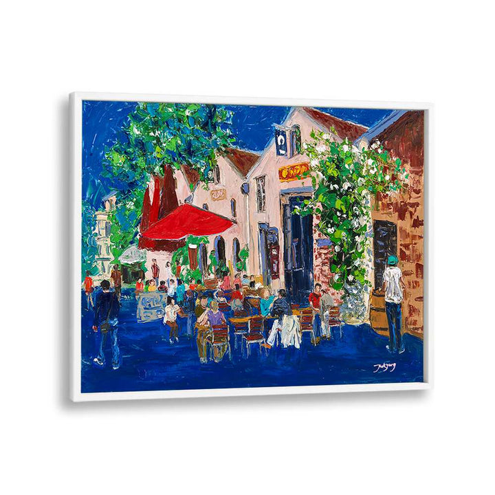 Vibrant HOLIDAY, BAR café scene with outdoor seating and lively atmosphere, perfect for art lovers.
