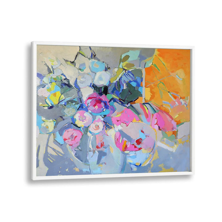 Vibrant GLASS AND ROSES, ABSTRACT PAINTINGS showcasing colorful blooms in a stylish frame, perfect for elegant decor.