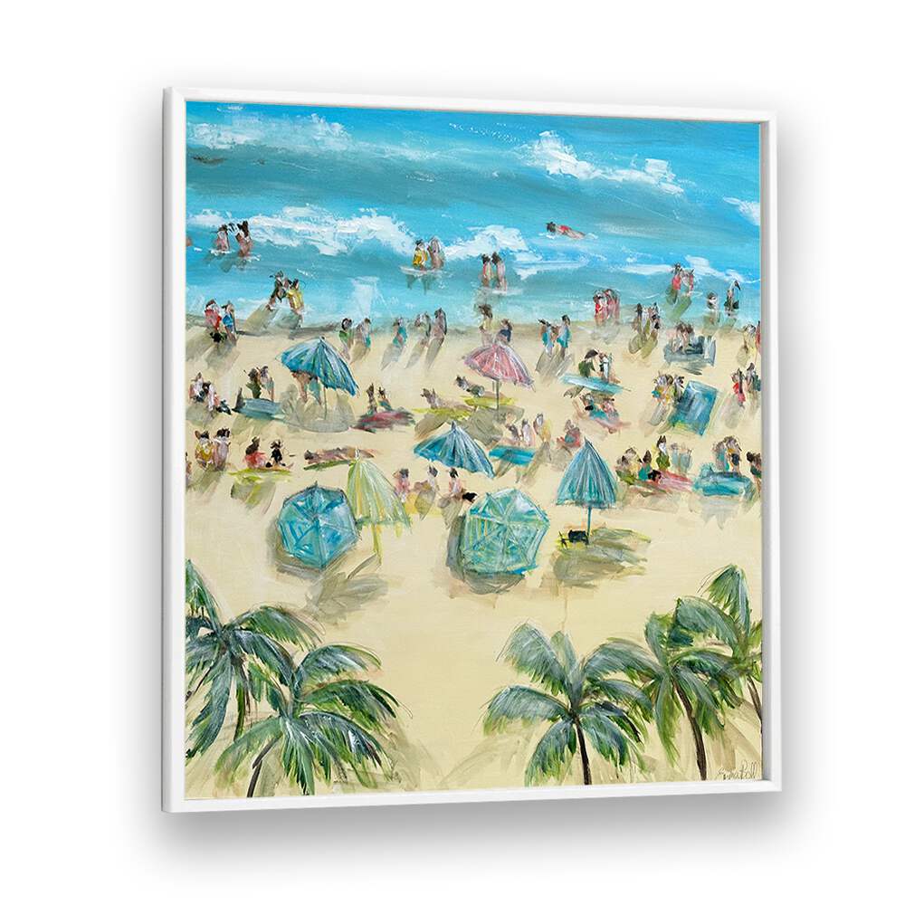 Vibrant BEACHSIDE BLISS, BEACH PAINTINGS capturing beachgoers and umbrellas for a serene coastal atmosphere.