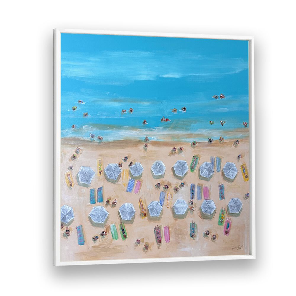 BIRDSEYE WHITE UMBRELLAS, BEACH PAINTINGS create a vibrant coastal feel for your home décor. Perfect for beach lovers!
