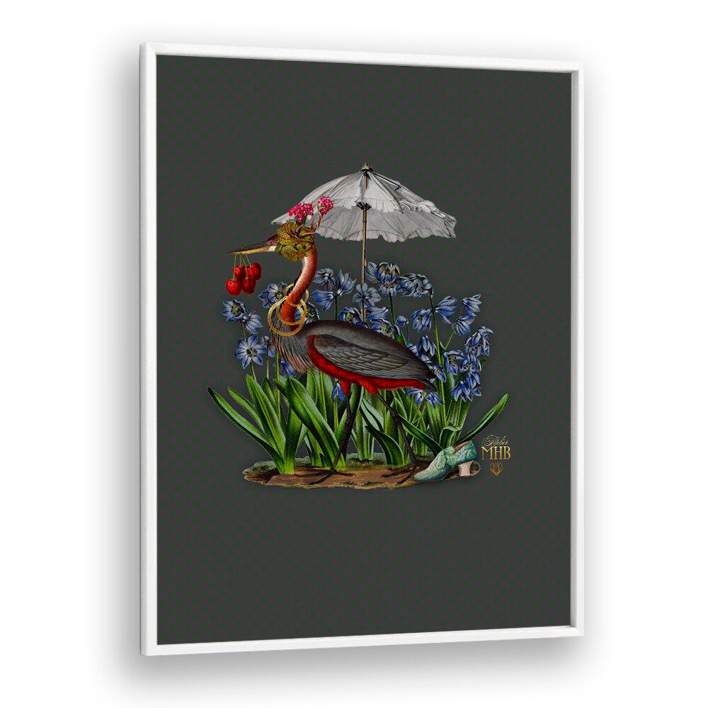 Whimsical ENCHANTED FOREST II, ANIMAL PAINTINGS features a heron under an umbrella amidst vibrant flowers and greenery.