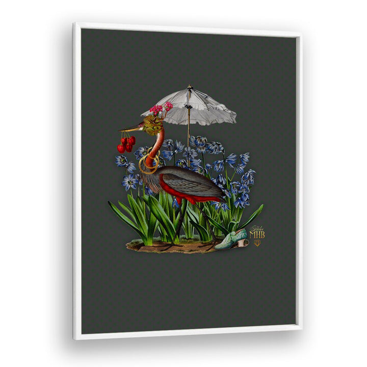 Whimsical ENCHANTED FOREST II, ANIMAL PAINTINGS features a heron under an umbrella amidst vibrant flowers and greenery.