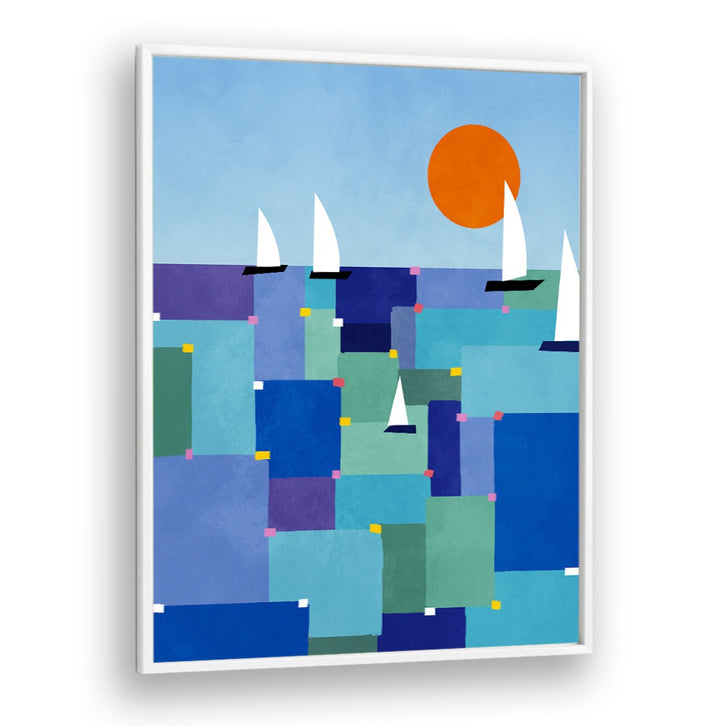 Vibrant RADIANT OCEAN VOYAGE, BEACH PAINTINGS with colorful sails and a bright sun, perfect for ocean lovers' decor.