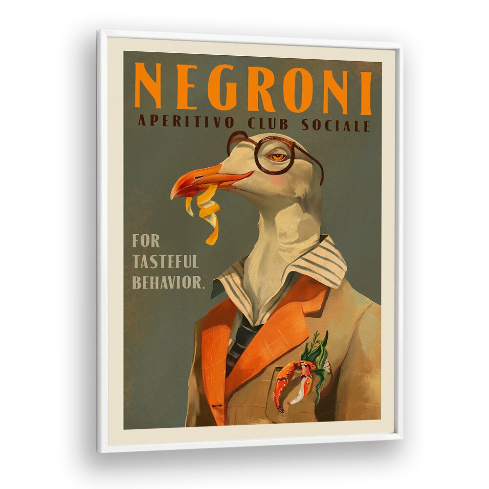 VINTAGE ART DECO NEGRONI POSTER OF A FANCY SEAGULL BY THE WHISKEY GINGER ,WALL ART PRINTS