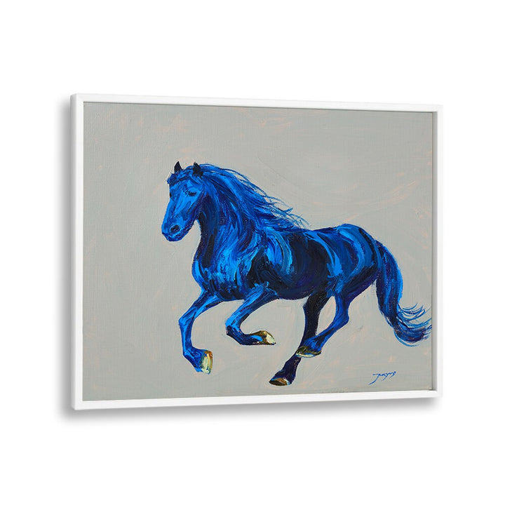 Vibrant A BLUE HORSE, ANIMAL PAINTINGS showcases a striking blue horse in dynamic motion, perfect for art lovers.