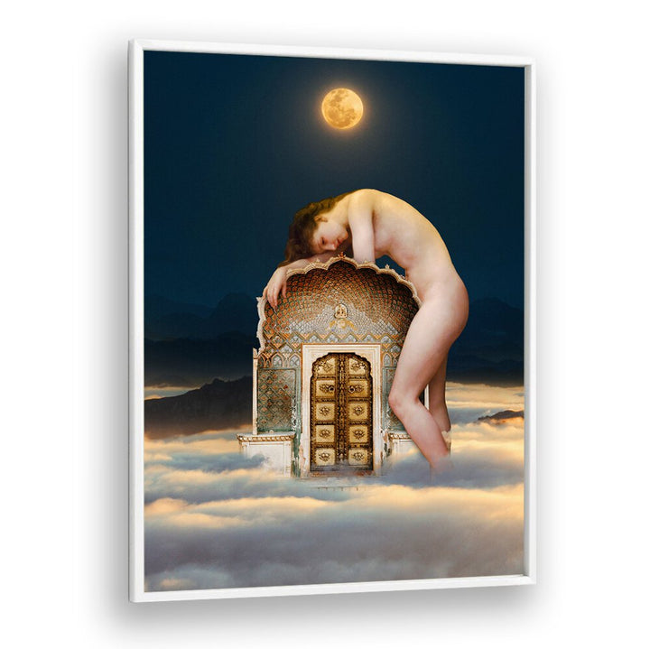 GATEKEEPER, ALTERED ART PRINTS showcase a surreal scene of a woman and ornate architecture among the clouds.