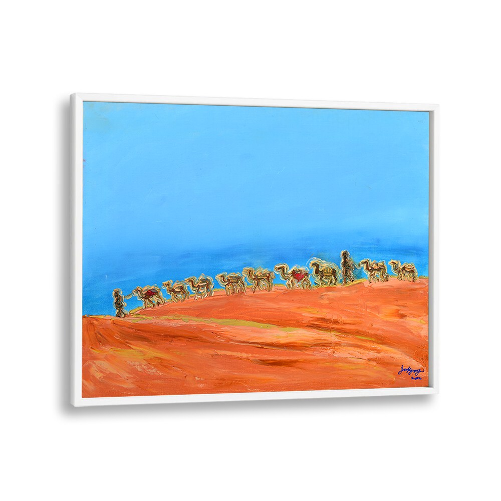 Colorful landscape painting featuring camels traversing a sandy hill, perfect for art lovers seeking unique decor.
