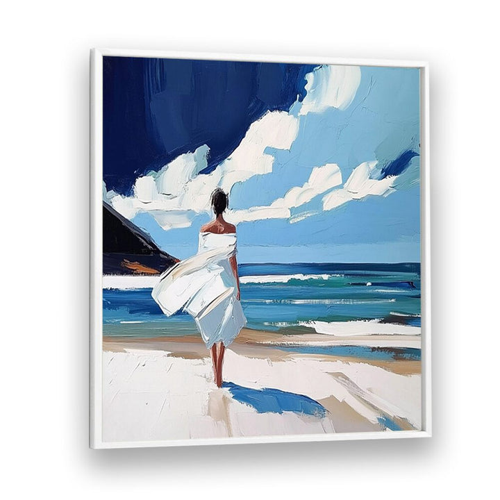 Stunning artwork of a woman walking on the beach, capturing tranquility and coastal beauty. Perfect for art lovers.