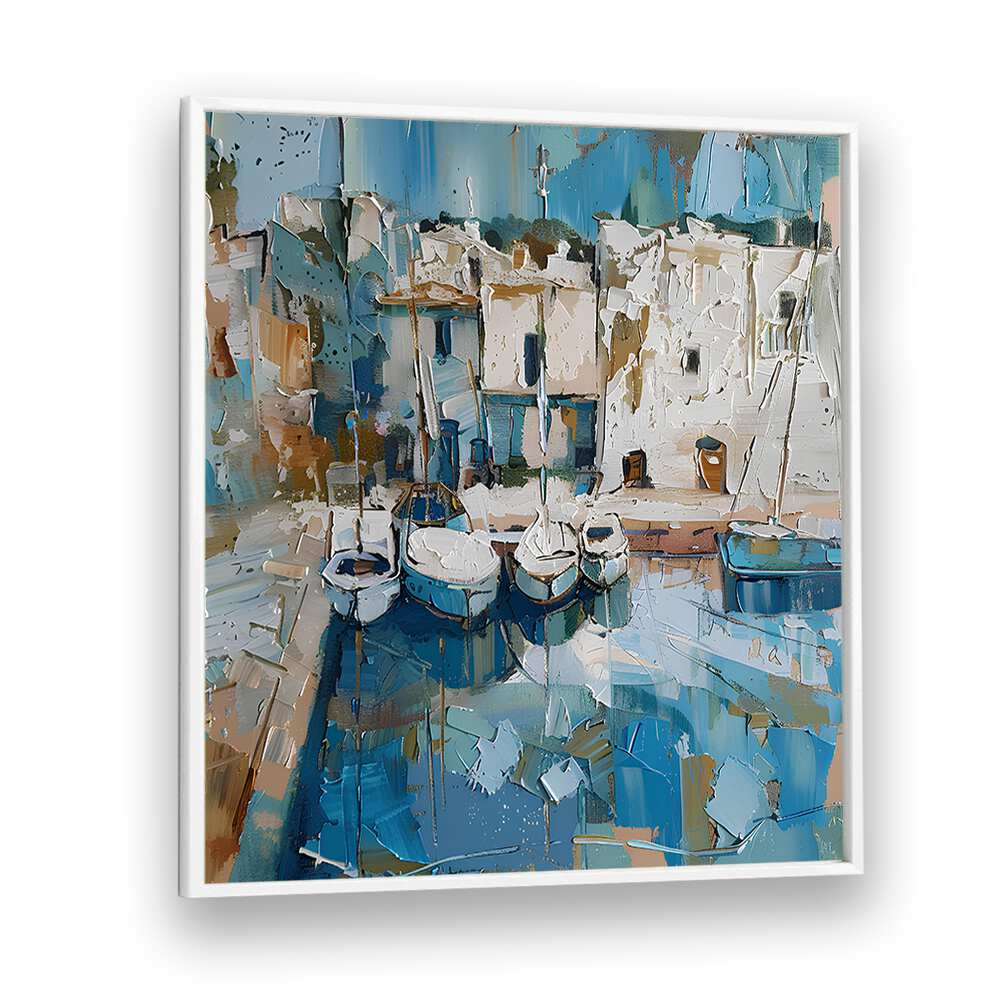 Serene scene of boats in the harbor; embrace tranquility with BOATS IN THE HARBOR MALLORCATHERAPY decor.
