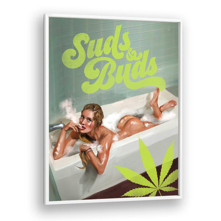 SUDS BUDS SEXY GIRL SMOKING CANNABIS JOINT IN BATH BY THE WHISKEY GINGER , WOMEN ILLUSTRATION PAINTINGS