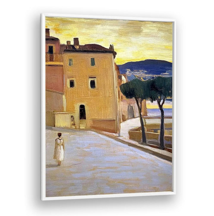 Vibrant artwork of a woman walking down a street, perfect for enhancing any home décor with charm.