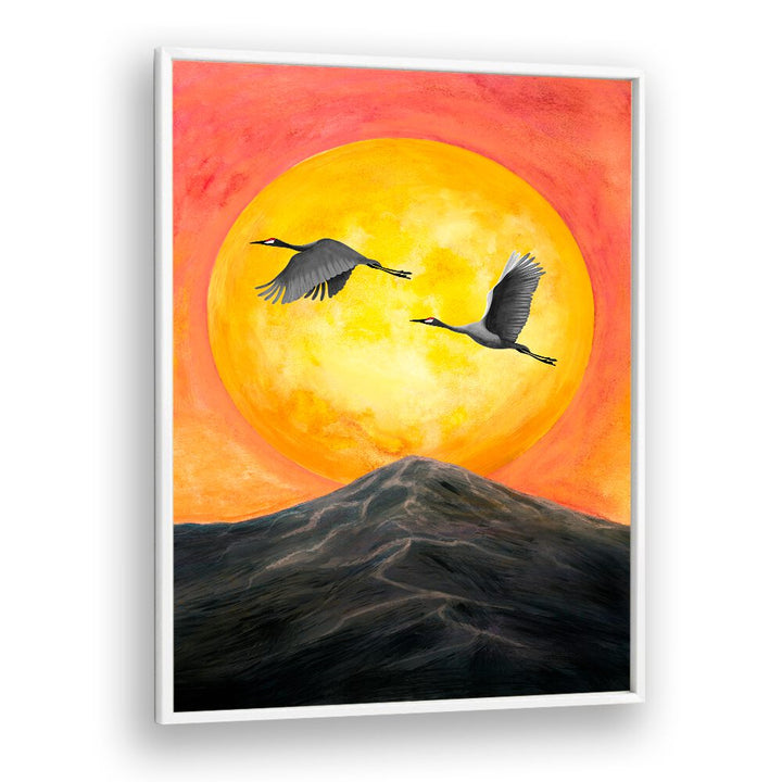 Vibrant sunset landscape with flying cranes in the artwork "ON OUR WAY, LANDSCAPE PAINTINGS" for a serene ambiance.