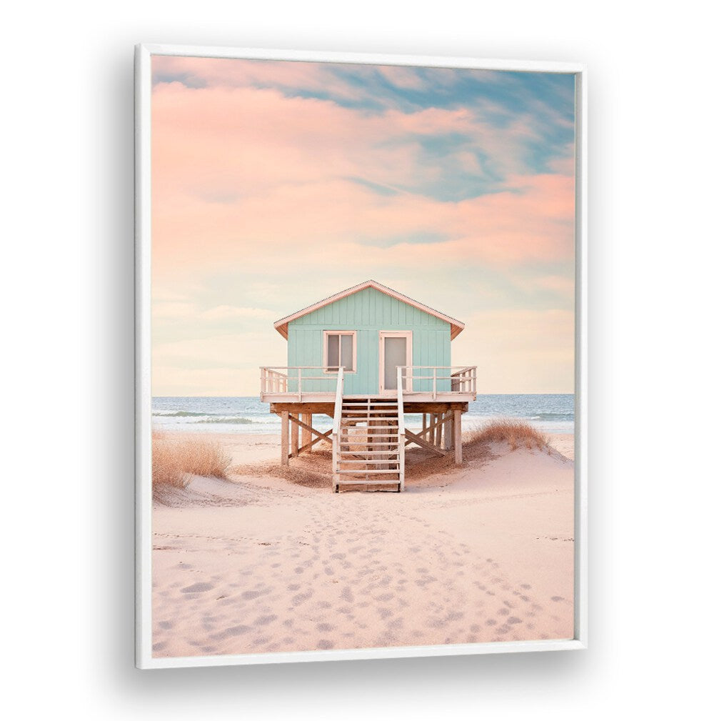 Serene PACIFIC SUNSET BEACH, BEACH PAINTINGS featuring a charming coastal house and gentle waves, perfect for decor.