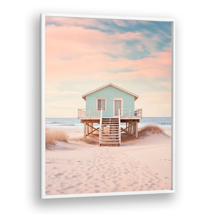 Serene PACIFIC SUNSET BEACH, BEACH PAINTINGS featuring a charming coastal house and gentle waves, perfect for decor.