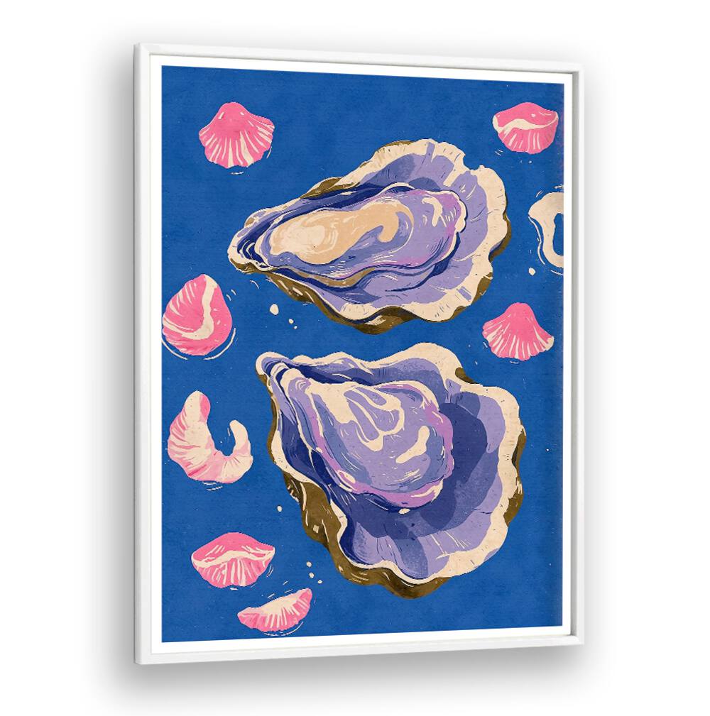 Vibrant OYSTERS, BEACH PAINTINGS showcase delicate shell designs against a deep blue background, perfect for coastal decor.