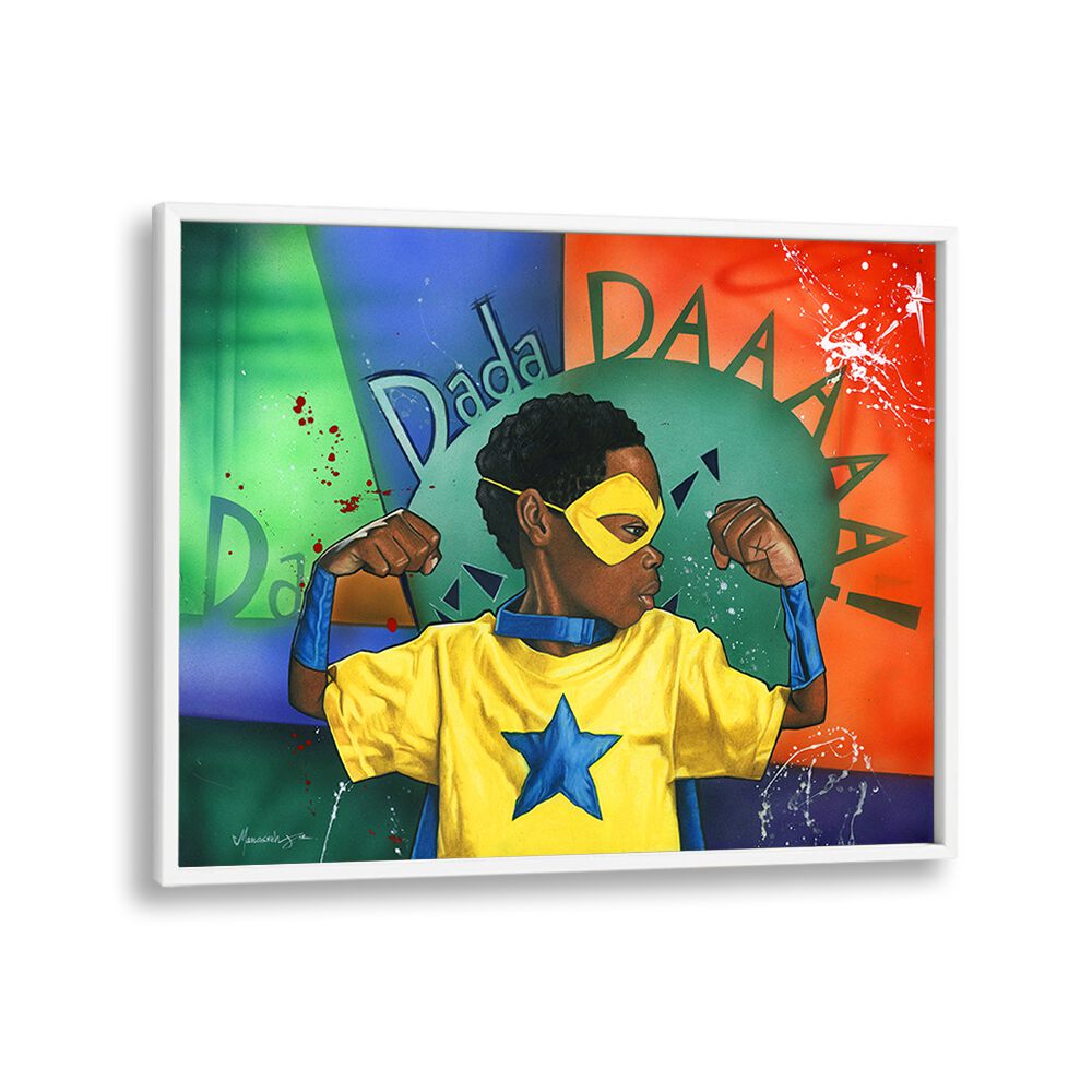 Vibrant DADADDAAA, AFRICAN ART PAINTINGS showcase a young superhero in a colorful, energetic design. Perfect for modern decor!