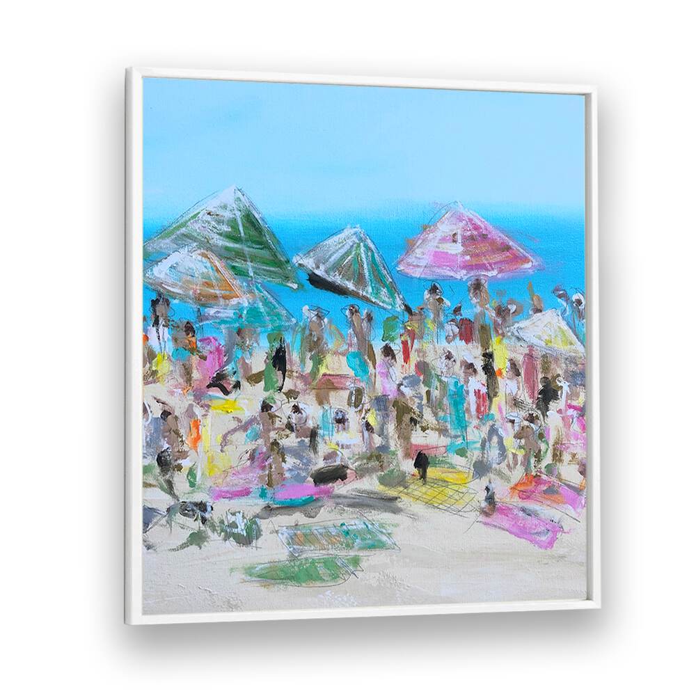 VIBRANT BEACH BLISS, BEACH PAINTINGS showcase lively beach scenes with colorful umbrellas and joyful crowds.