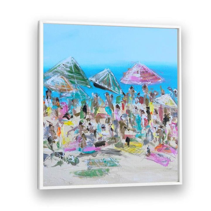 VIBRANT BEACH BLISS, BEACH PAINTINGS showcase lively beach scenes with colorful umbrellas and joyful crowds.