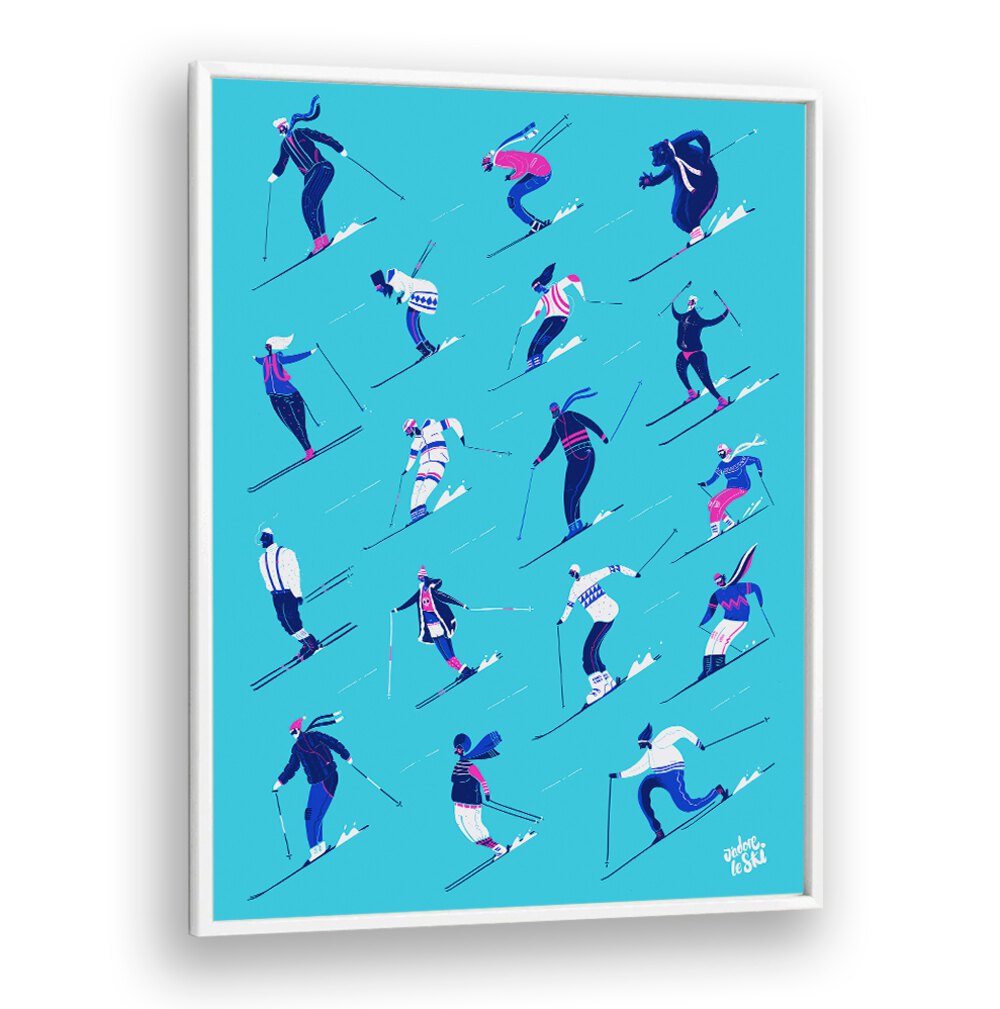 Colorful LE SKI BLUE sports posters showcasing stylish skiers in action, perfect for winter sports enthusiasts.