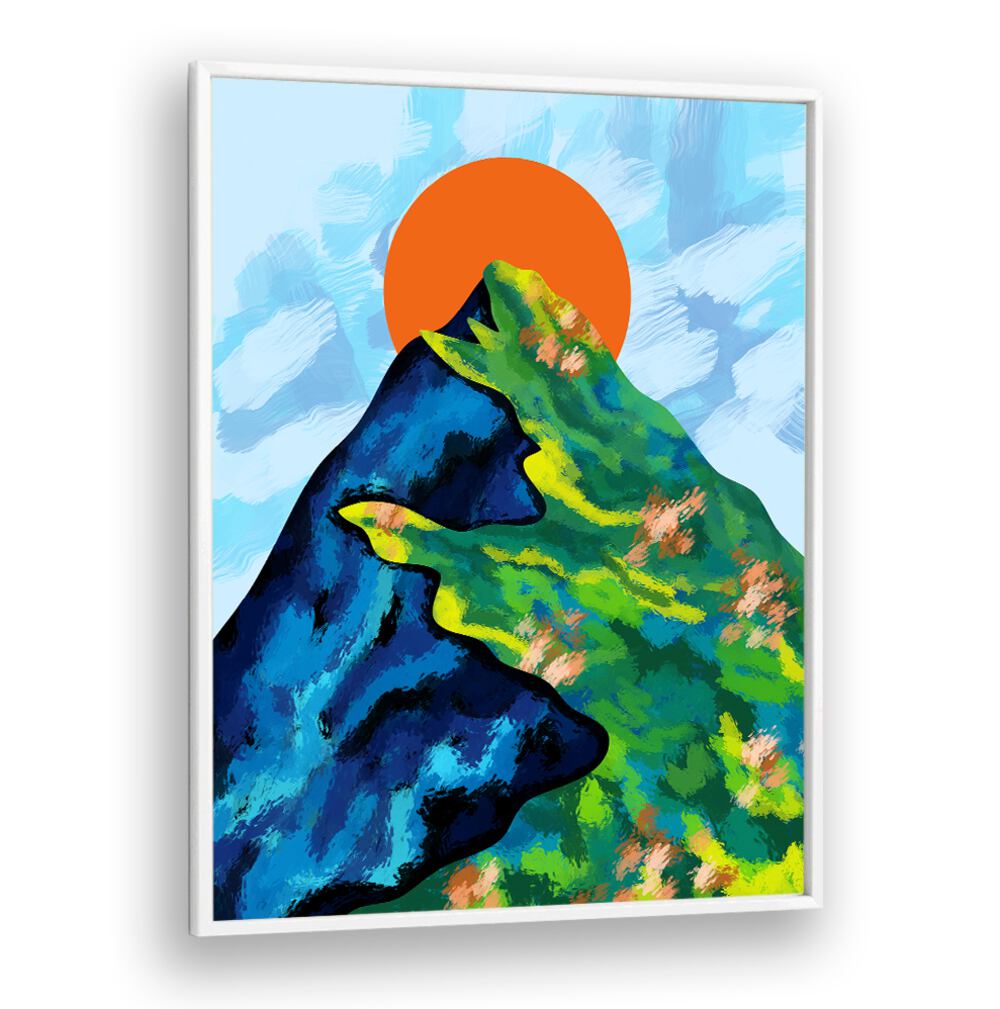 Vibrant BRIGHT HORIZON, LANDSCAPE PAINTINGS featuring a mountain scene with bold colors and a striking sun. Perfect decor!
