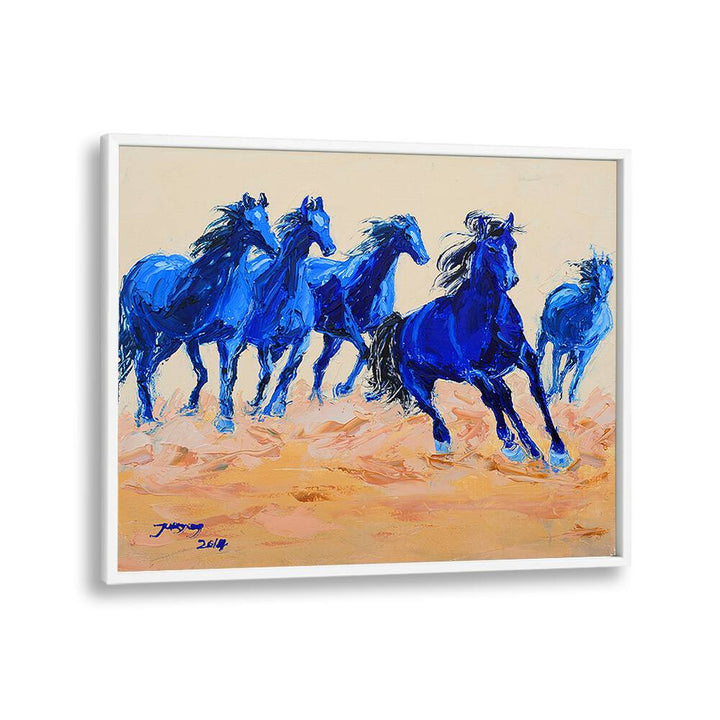 Vibrant blue horses gallop across the canvas in HORSE III, ANIMAL PAINTINGS, showcasing dynamic energy and artistry.