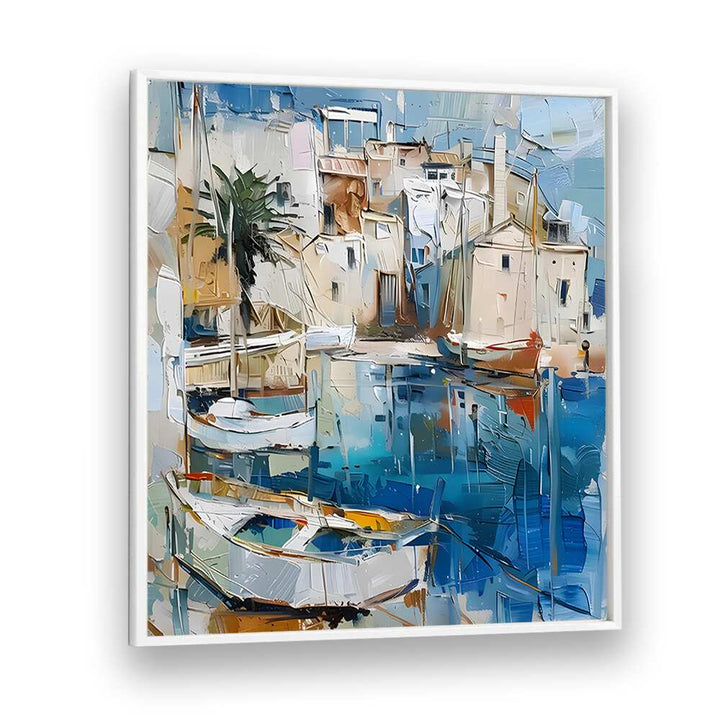 Captivating artwork, BOATS IN THE HARBOR MALLORCATHERAPY II, showcasing serene harbor life and vibrant colors.