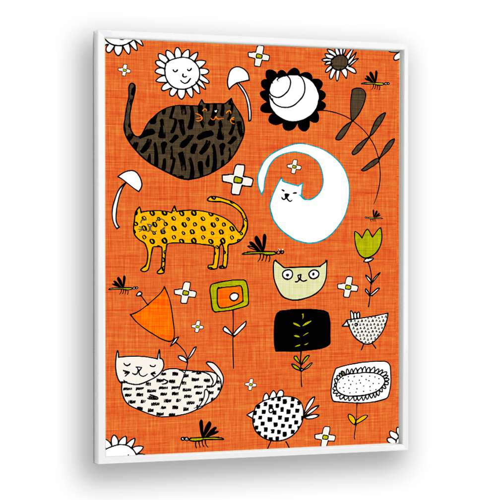 Colorful SPRING CAT ORANGE, KIDS ROOM PAINTINGS featuring playful cats and flowers, perfect for vibrant kids' decor.