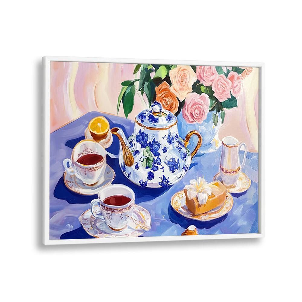 Elegant AFTERNOON TEA TABLE, KITCHEN POSTERS featuring exquisite tea set and floral decor, perfect for gatherings.