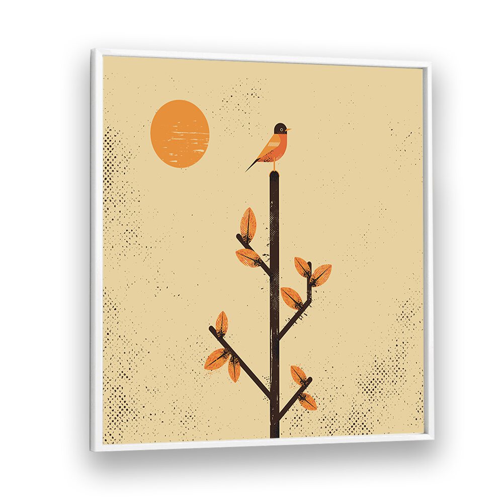 Stylish artwork featuring a bird atop a branch, showcasing "THE MIGRATION, ANIMAL PAINTINGS" for nature lovers.
