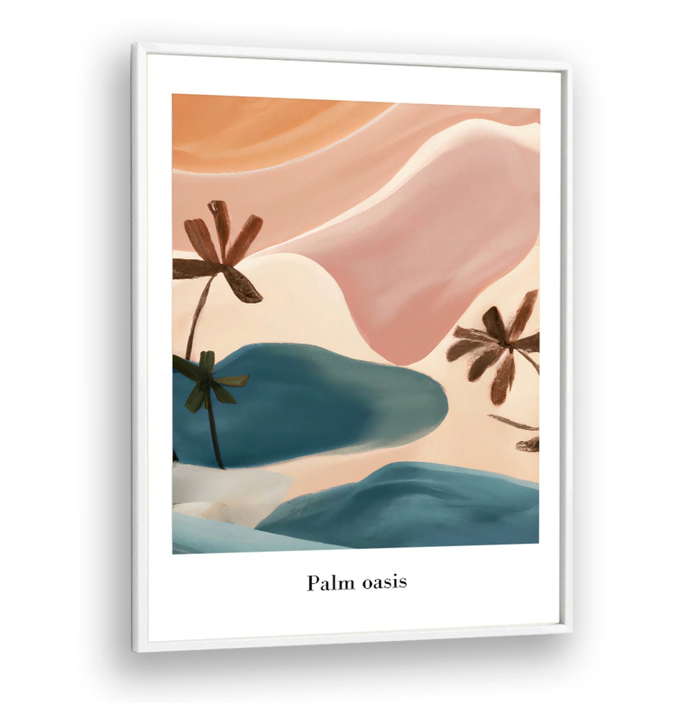 PALM OASIS , BEACH PAINTINGS with abstract palm trees and ocean waves in calming blue and peach tones by Urban Loft Decor