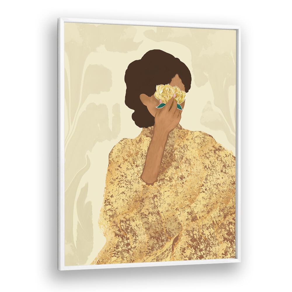 Elegant WOMAN WITH GOLD PEONY , PORTRAITS artwork showcases divine femininity and Indian artistic tradition.