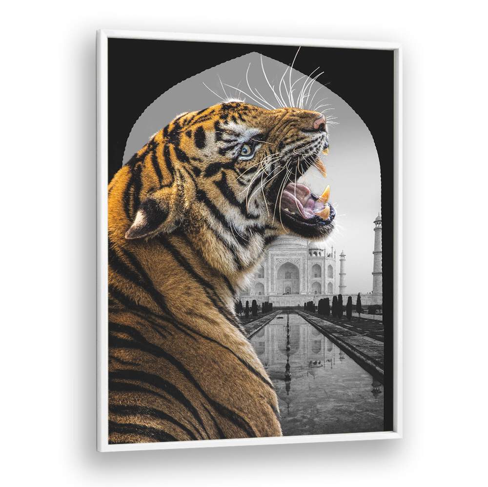 BENGALI STARE, ANIMAL PAINTINGS showcase a fierce tiger in front of the Taj Mahal, capturing Bengal's rich artistry.