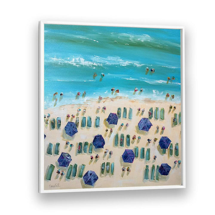 Vibrant BEACH BLISS, BEACH PAINTINGS showcase colorful umbrellas on a sunlit shoreline, perfect for coastal decor.