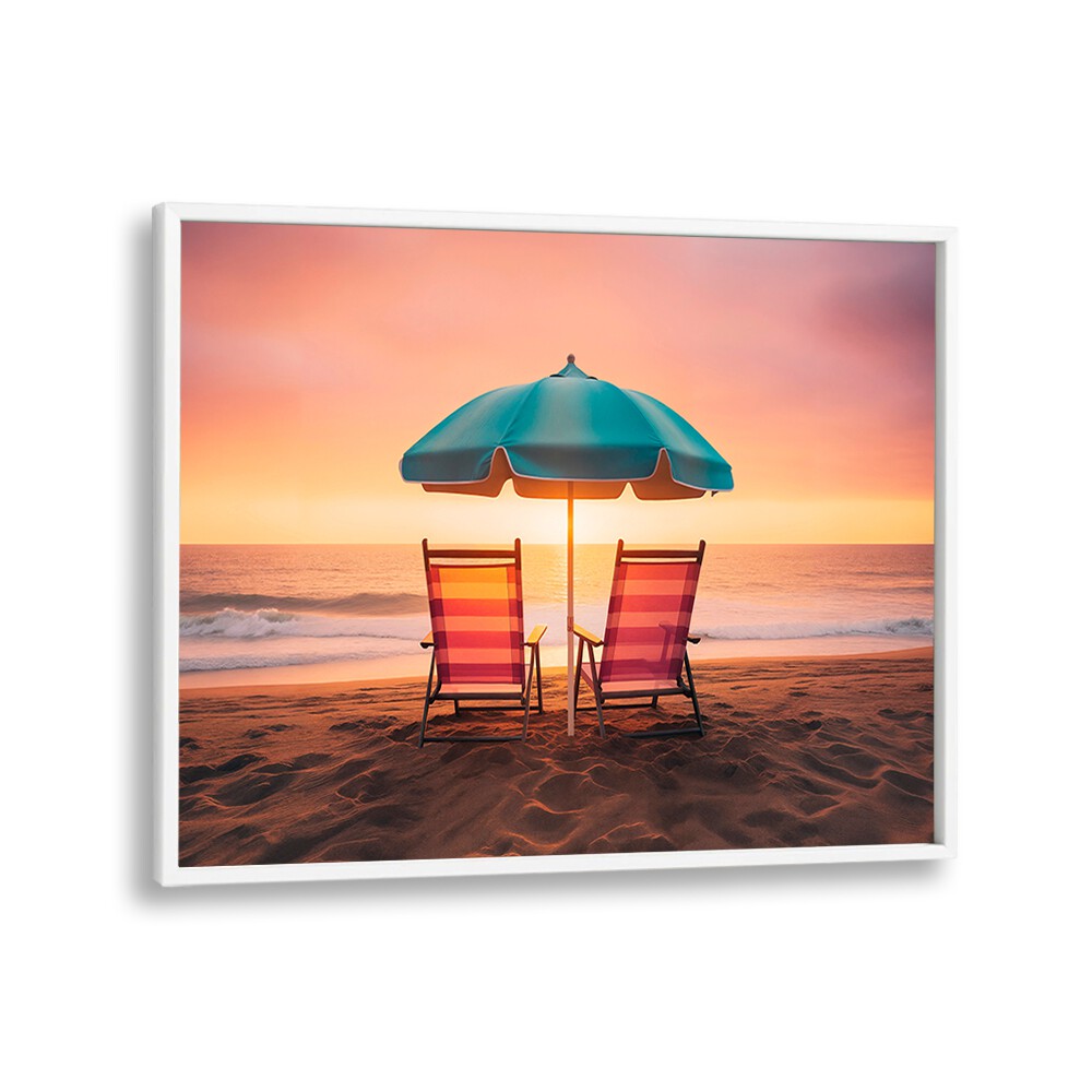 Relaxing beach scene with chairs under a teal umbrella at twilight, perfect for SUMMER SUNSET, BEACH PAINTINGS.