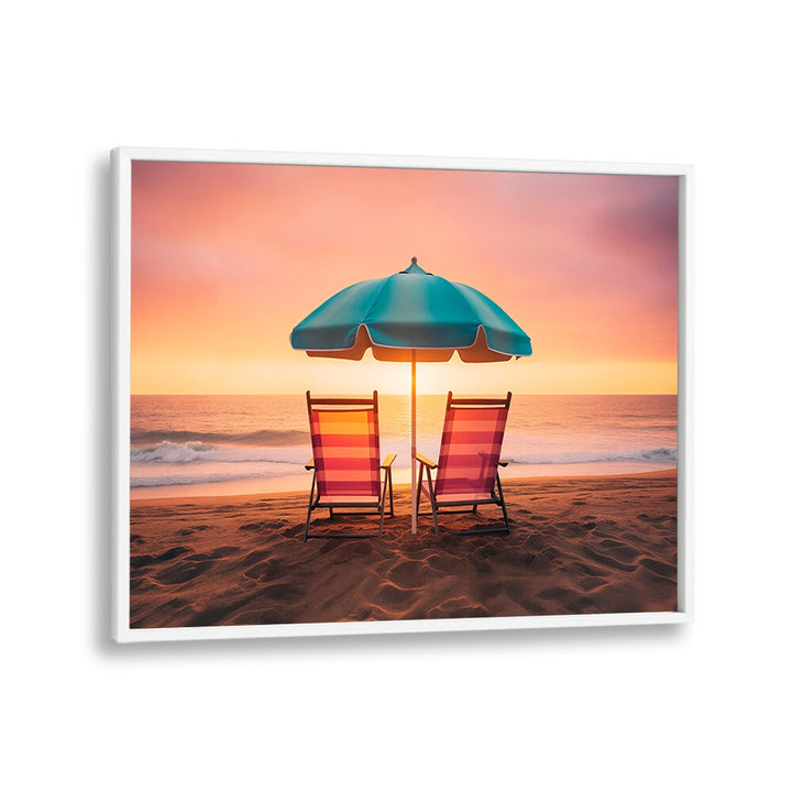 Relaxing beach scene with chairs under a teal umbrella at twilight, perfect for SUMMER SUNSET, BEACH PAINTINGS.