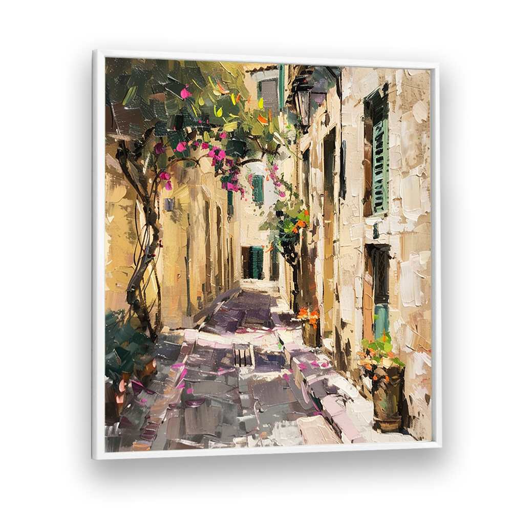Stunning artwork depicting a charming street scene, titled ALLEYWAY MALLORCA, perfect for modern elegance.